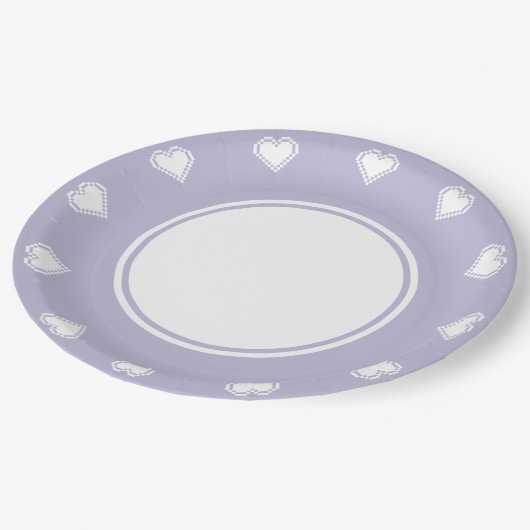 Unsere 8-Bit-Herzen in Lavendel-Papierplatte Pappteller (Schrägansicht)