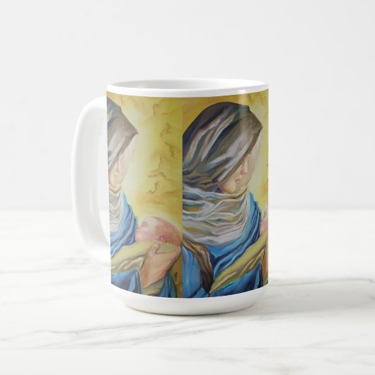 Unsere Dame des Schweigens hält das Baby Jesus Kaffeetasse (Vorderseite Links)