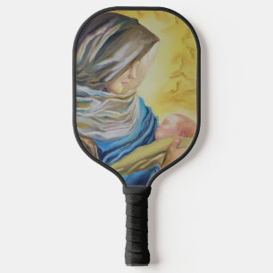 Unsere Dame des Schweigens hält das Baby Jesus Pickleball Schläger