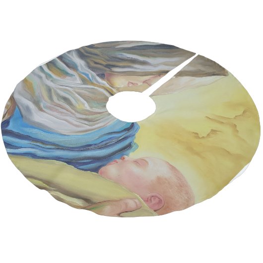 Unsere Dame des Schweigens hält das Baby Jesus Polyester Weihnachtsbaumdecke (Schrägansicht)