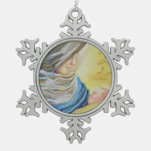 Unsere Dame des Schweigens hält das Baby Jesus Schneeflocken Zinn-Ornament