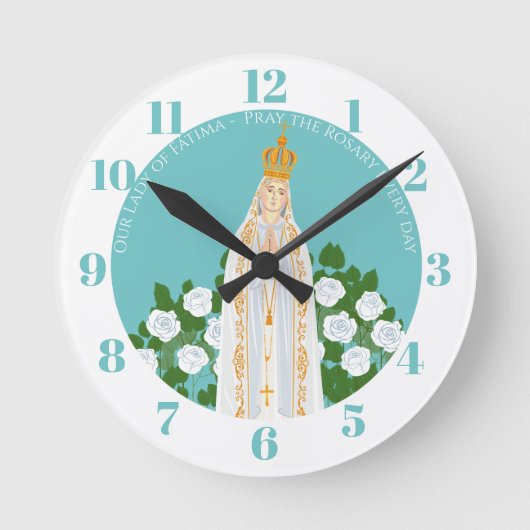 Unsere Dame Fatima und weiße Rosen Runde Wanduhr (Vorderseite)