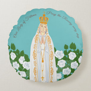 Unsere Dame Fatima und weiße Rosen Rundes Kissen