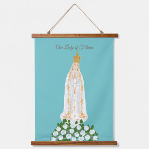 Unsere Dame Fatima und weiße Rosen Wandteppich Mit Holzrahmen