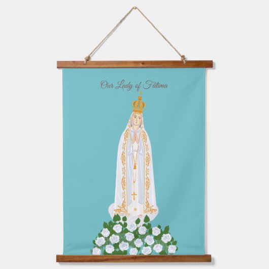 Unsere Dame Fatima und weiße Rosen Wandteppich Mit Holzrahmen (Vorderseite)