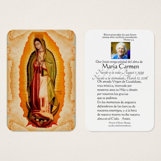 Unsere Dame Guadalupe Spanische Beerdigung Heilige (Vorne & Hinten)