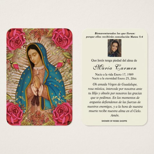 Unsere Dame Guadalupe Spanische Beerdigung Heilige (Vorne & Hinten)