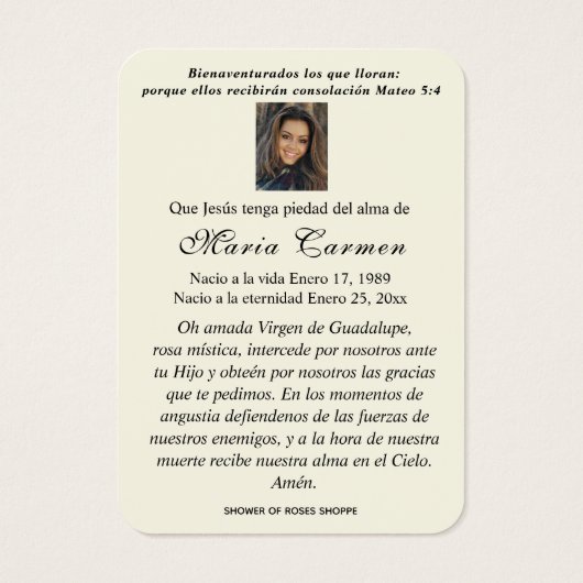 Unsere Dame Guadalupe Spanische Beerdigung Heilige (Rückseite)