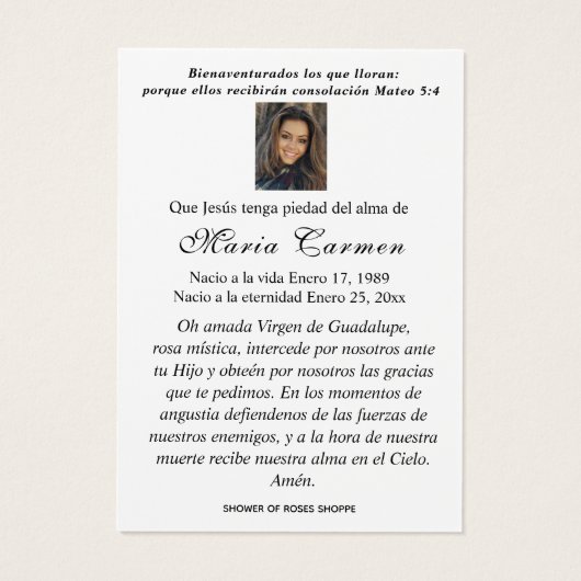 Unsere Dame Guadalupe Spanische Beerdigung Heilige (Rückseite)