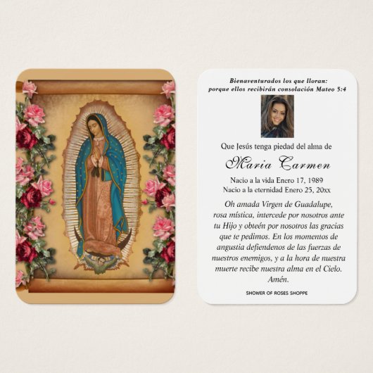 Unsere Dame Guadalupe Spanische Beerdigung Heilige (Vorne & Hinten)