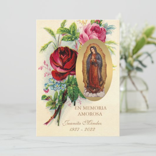 Unsere Dame Guadalupe Spanische Beerdigung Heilige Einladung (Stehend Vorderseite)