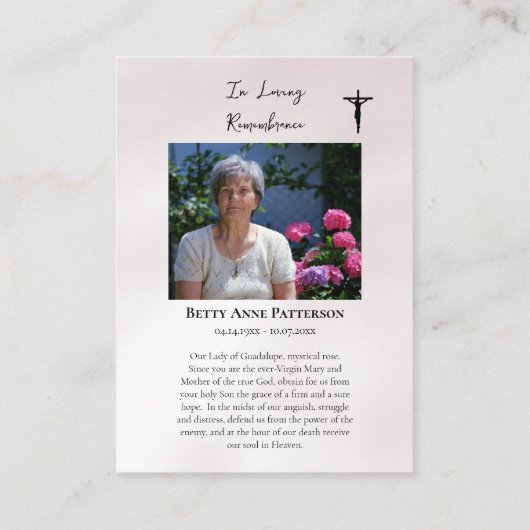 Unsere Dame von Guadalupe, Beerdigung der mystisch Platzkarte (Rückseite)