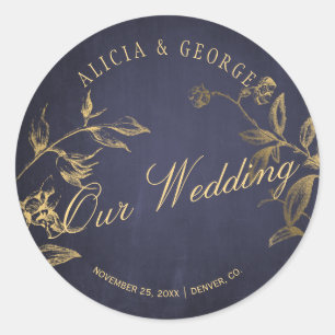 Unsere elegante goldene Navy-Typografie-Hochzeit Runder Aufkleber