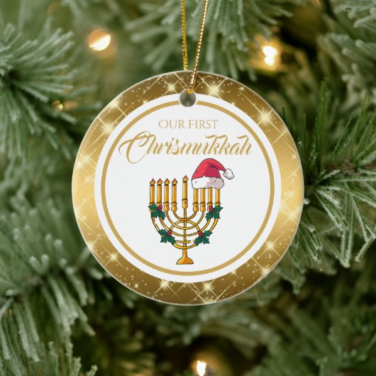 Unsere erste Chrismukka, Hanukkah Keramik Ornament (Baum)