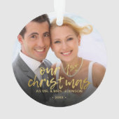 Unsere erste Weihnachts-2-Foto Hochzeit Ornament (Rückseite)
