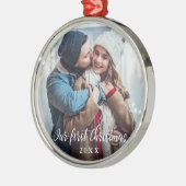 Unsere erste Weihnachts-Couple-Foto-Drehrunde Ornament Aus Metall (Links)