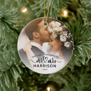 Unsere erste Weihnachts-Kalligrafie Mr und Mrs Fot Keramik Ornament
