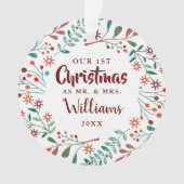 Unsere erste Weihnachtsfeier Floral Mr. Mrs. Foto Ornament (Vorderseite)