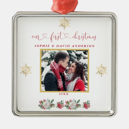 Unsere erste Weihnachtsfeier mit floraler Snowflak Ornament Aus Metall (Vorne)