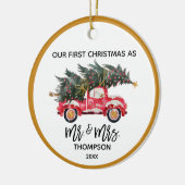 Unsere erste Weihnachtsfrau, Frau Red Truck Hand L Keramik Ornament (Links)