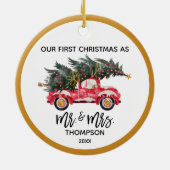 Unsere erste Weihnachtsfrau, Frau Red Truck Hand L Keramik Ornament (Hinten)