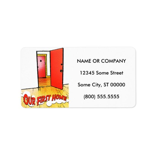 unsere erste Zuhause-Comic-Tür Adressaufkleber (Vorne)