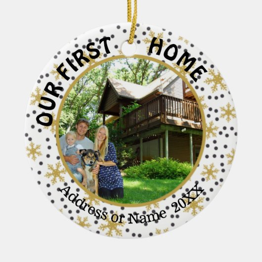 Unsere erste Zuhause, Goldene Schneeflocken, zwei  Keramikornament (Vorne)