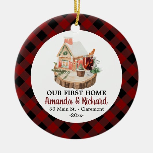 Unsere erste Zuhause Weihnachten rustikalen Flanel Keramik Ornament (Vorne)