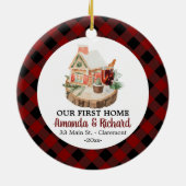 Unsere erste Zuhause Weihnachten rustikalen Flanel Keramik Ornament (Hinten)