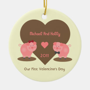 Unsere ersten Valentinstag-Schweine und Herzen Keramikornament