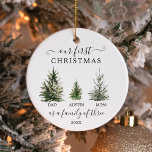 Unsere ersten Weihnachten als Familie von drei Ornament<br><div class="desc">Erinnern Sie sich an Ihr erstes Weihnachtsfest zusammen mit diesem hübschen Sake-Ornament. Dieses Design umfasst eine Familie von drei Weihnachtsbäumen. Editieren Sie einfach den Namen und das Jahr des Kindes! Das ist auch ein tolles Geschenk für neue Eltern!</div>
