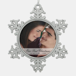 Unsere ersten Weihnachten als Foto und Mr. Schneeflocken Zinn-Ornament