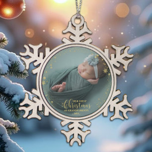 Unsere ersten Weihnachten als Großeltern Foto Orna Schneeflocken Zinn-Ornament