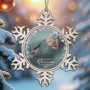 Unsere ersten Weihnachten als Großeltern Foto Orna Schneeflocken Zinn-Ornament
