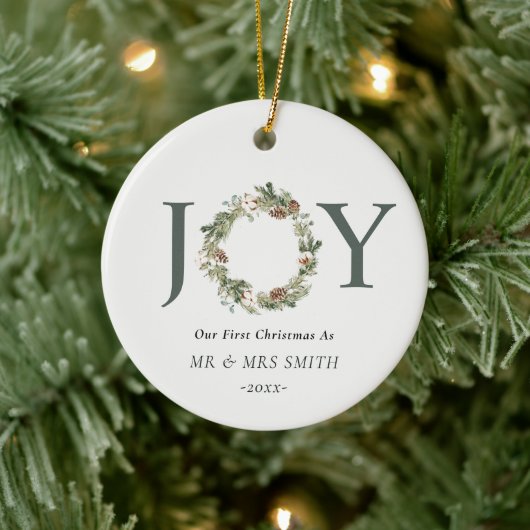 Unsere ersten Weihnachten als Joy Wreath Foto Keramik Ornament (Baum)
