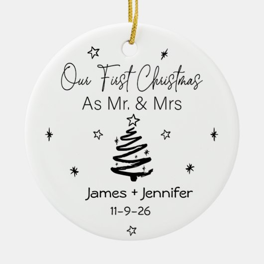 Unsere ersten Weihnachten als Mr. & Mrs. Names & F Keramik Ornament (Vorne)