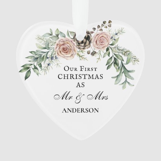 Unsere ersten Weihnachten als Mr. & Mrs. Pink Rose Ornament (Vorderseite)