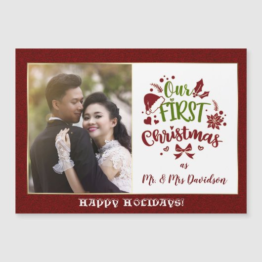 Unsere ersten Weihnachten als Mr. & Mrs. Red Glitz Magnetkarte (Vorderseite)