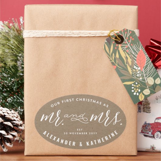 Unsere ersten Weihnachten als Mr. und Mrs. Kraft W Ovaler Aufkleber (Feiertag)
