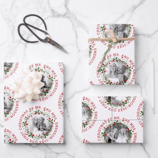 Unsere ersten Weihnachten als Mr. und Mrs. Three F Geschenkpapier Set (Vorderseite)