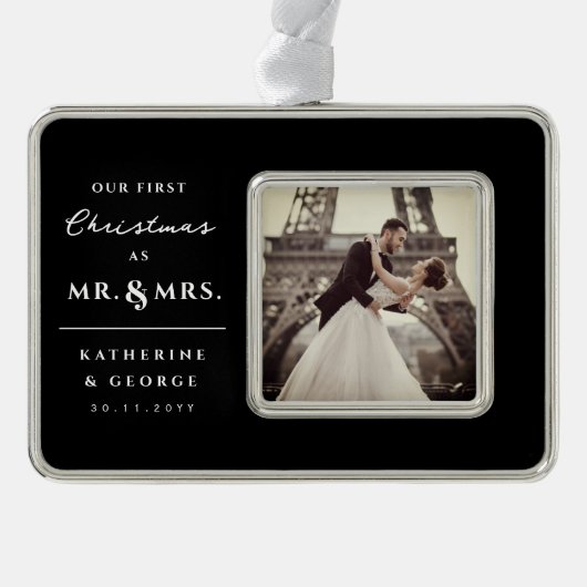 Unsere ersten Weihnachten als Mr. und Mrs. Wedding Rahmen-Ornament Silber (Vorderseite)