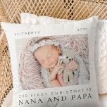 Unsere ersten Weihnachten als Nana und Papa Modern Kissen<br><div class="desc">Design besteht aus modernem,  schicken Typografie mit Sans Serif und Serif Schriftart. Fügen Sie ein individuelles Foto von Baby und Jahr hinzu.</div>