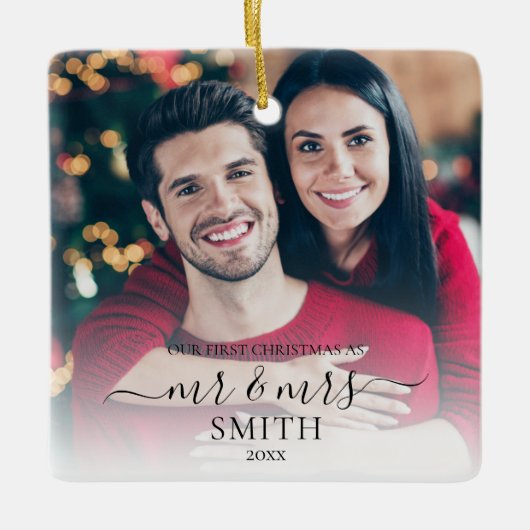 Unsere ersten Weihnachten haben Mr. und Mrs. Weddi Keramikornament (Vorderseite)