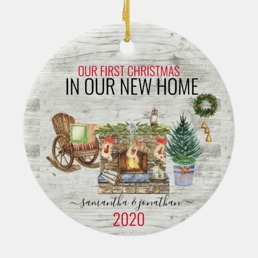 Unsere ersten Weihnachten in neuer Zuhause-Aquarel Keramik Ornament (Hinten)