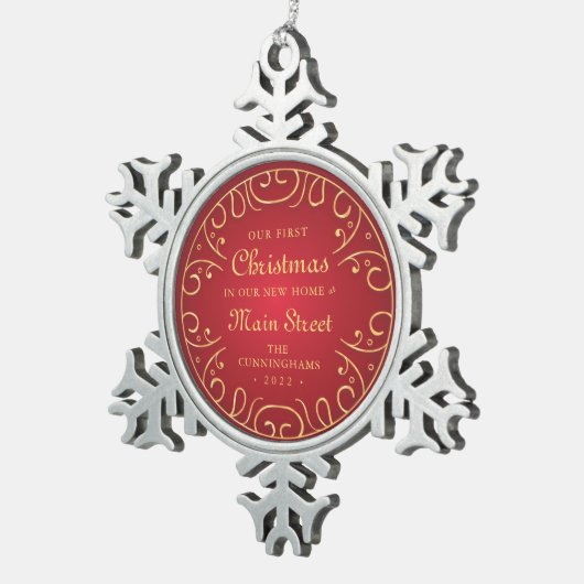 Unsere ersten Weihnachten in unseren neuen Zuhause Schneeflocken Zinn-Ornament (Rechts)