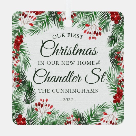 Unsere ersten Weihnachten in unserer neuen Zuhause Ornament Aus Metall (Rückseite)