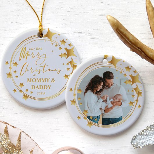 Unsere ersten Weihnachten | New Baby Foto Gold Sta Keramik Ornament