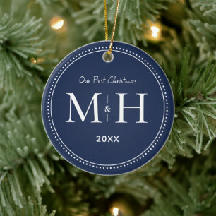 Unsere ersten Weihnachten Newlywings Monogram Navy Keramik Ornament