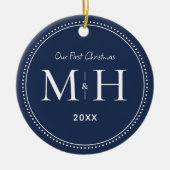 Unsere ersten Weihnachten Newlywings Monogram Navy Keramik Ornament (Vorne)