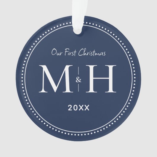 Unsere ersten Weihnachten Newlywings Monogram Navy Ornament (Vorderseite)